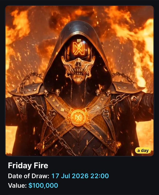 A dark, armored figure with a skull mask and glowing "M" emblem stands against a fiery background, promoting a "Friday Fire" giveaway with a $100,000 value and a draw date of 17 Jul 2026 at 22:00, branded by MetaWin to encourage users to deposit and enter for a chance to win.