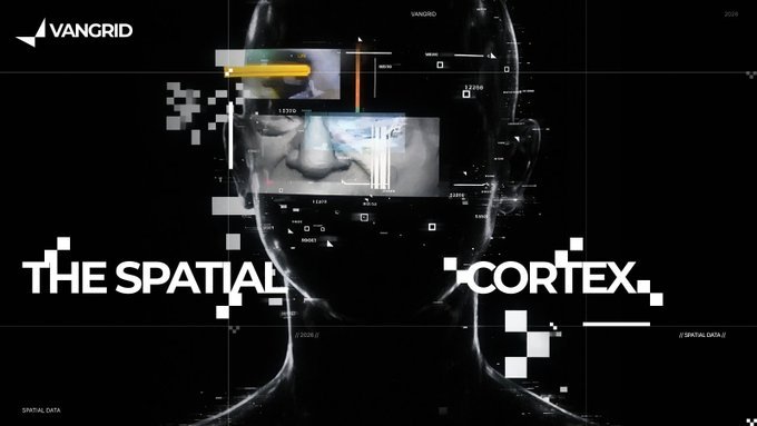 A digital design by 'VANGRID' featuring a stylized human head with text overlay reading 'THE SPATIAL CORTEX' and '// SPATIAL DATA//.'