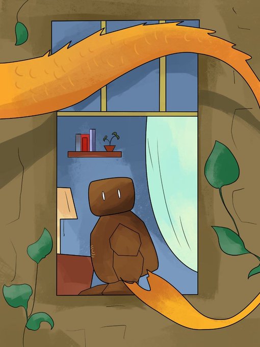 A digital illustration showing a brown, rock-like creature standing inside a room, viewed through a window that is being wrapped by a large orange tail or vine.