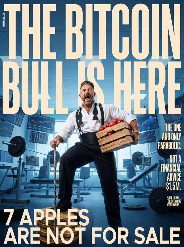 The image is a magazine-style cover featuring a triumphant man in a gym holding a crate of apples, with bold headline text reading "THE BITCOIN BULL IS HERE" and "7 APPLES ARE NOT FOR SALE," along with smaller text stating "THE ONE AND ONLY PARABOLIC," "NOT A FINANCIAL ADVICE $1.5M," and "MADE IN USA FOR EVERYONE WORLDWIDE," with stock charts displayed on screens in the background.

The image ties to the post's $TBB hype theme by visually referencing the "7 Apples Are Not For Sale" meme concept, using the bullish Bitcoin imagery and KOL-style satirical financial poster to promote ongoing community engagement and airdrop speculation around the $TBB token on Solana.