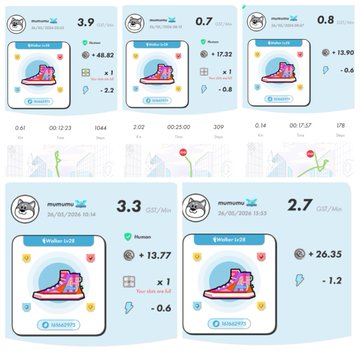 The image shows a collection of six different screens, each displaying various information related to a fitness tracking app. The screens are arranged in two rows with three screens in each row. Each screen features a pair of sneakers, which appear to be part of the fitness tracking system. The screens display details about the sneakers and their associated data, such as steps taken, calories burned, and distance traveled. The post is titled "今日はちょこちょこもうしか出来ず タウンホールどうだったのかな？ スタート スタート".