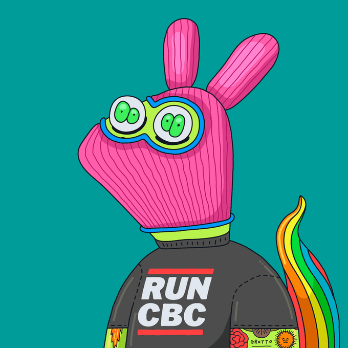 A surreal cartoon character with a pink ribbed head featuring two eyes, bunny-like ears, and a green mustache area, wearing a black shirt that reads 'RUN CBC' against a teal background.