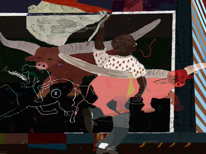 A stylized painting features layered imagery including two long-horned cattle, a central figure with a patterned top, and abstract elements rendered in dark, pink, and white tones.