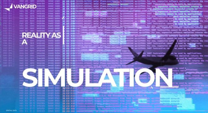 A digital art piece featuring the text 'VANGGRID,' 'REALITY AS A SIMULATION,' and 'SIMULATION' overlaid on a glitchy, code-filled background with a silhouette of a figure with raised arms.