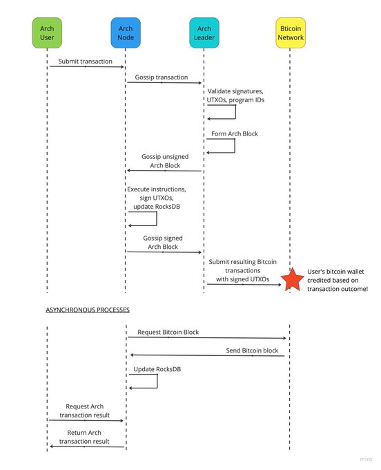 A sequence diagram illustrating the Arch Network transaction lifecycle, showing interactions between an Arch User, Arch Node, Arch Leader, and the Bitcoin Network—depicting steps from "Submit transaction" through gossiping, validating signatures/UTXOs/program IDs, forming and signing Arch Blocks, and ultimately submitting Bitcoin transactions with signed UTXOs, plus asynchronous processes for updating RocksDB and returning results. The diagram visually supports the post by demonstrating how Arch Network enables opt-in post-quantum protection on Bitcoin without requiring a base-layer consensus upgrade or fund freezes.