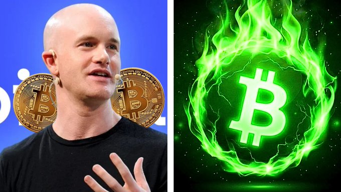 A split image showing Brian Armstrong of Coinbase on the left next to gold Bitcoin coins, and a glowing green Bitcoin logo surrounded by flames on the right.