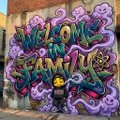A photograph of graffiti art on a wall that reads 'WELCOME TO THE FAMILY' with various character illustrations.