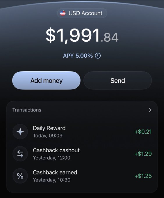 A mobile banking app screen showing a USD Account with a balance of $1,991.84 and an APY of 5.00%, along with recent transactions including a Daily Reward (+$0.21), Cashback cashout (+$1.29), and Cashback earned (+$1.25).