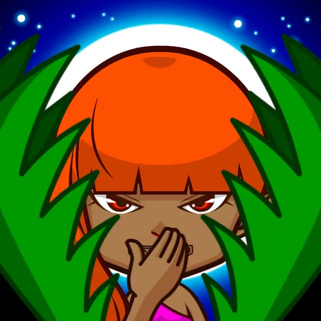 An anime-style digital illustration of a dark-skinned character with orange hair and red eyes, partially obscured by green leaves against a starry night sky and full moon.