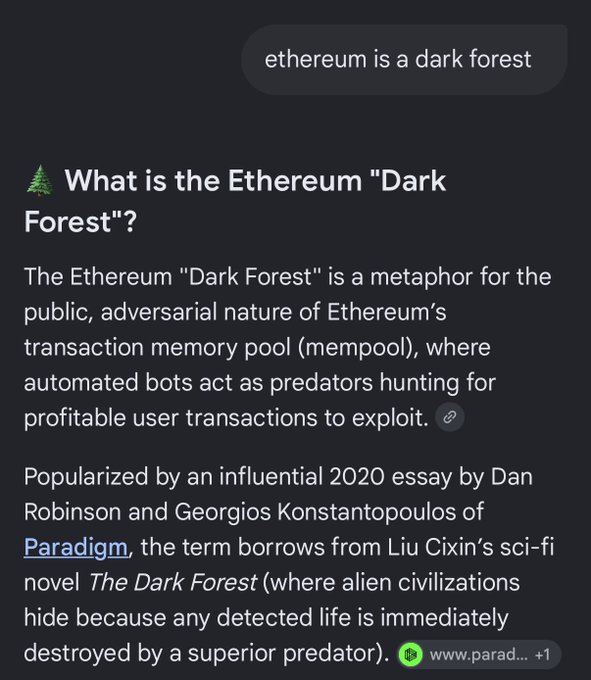 A screenshot of an AI chat response explaining the Ethereum 'Dark Forest' metaphor, referencing a 2020 essay by Dan Robinson and Georgios Konstantopoulos of Paradigm, inspired by Liu Cixin's sci-fi novel The Dark Forest.
