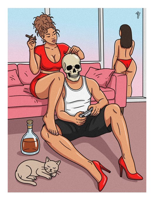 A surreal scene shows a skull‑headed man gaming on a pink couch while a woman in red high heels and a red outfit lounges on his lap, another woman in red lingerie watches from a window, a cat sleeps nearby, and a bottle of liquor rests on the floor—capturing the “Vivid Paradox” (Paradox 77, 1/1) theme.