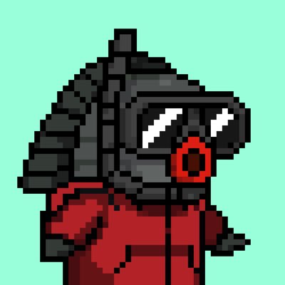 Pixel art illustration of a futuristic character wearing a black helmet with white eyes, a gas mask-like mouthpiece, and a red uniform against a light teal background.