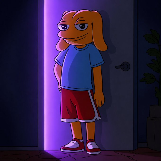 A cartoon illustration of a dog-like character with orange fur, wearing a blue t-shirt and red shorts, standing in a doorway illuminated by purple light.