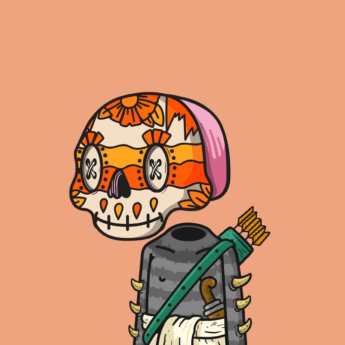 A cartoon illustration of a decorative skull with orange, yellow, and pink patterns, holding arrows in its back and wearing a quiver, set against a peach-colored background.