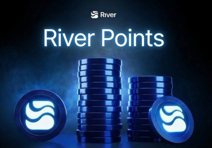 Promotional image for River Points, showing stacks of blue coins with the River 'S' logo against a dark background.