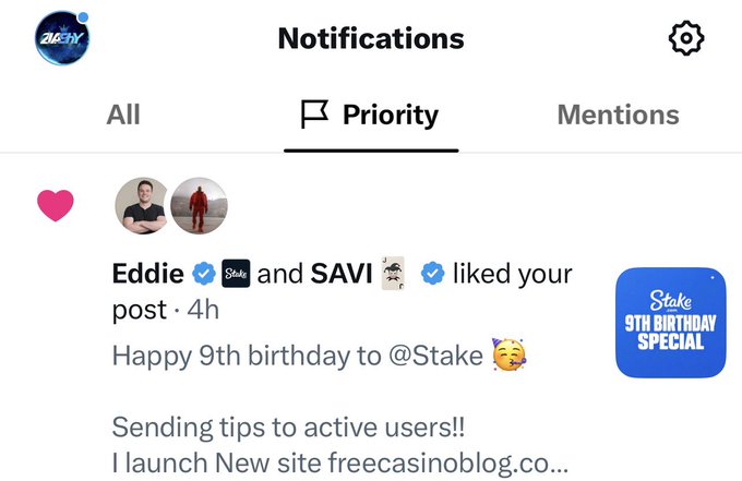 A Twitter/X notifications screen shows that Eddie and SAVI liked a post reading 'Happy 9th birthday to @Stake' with a side ad for Stake's 9th Birthday Special.