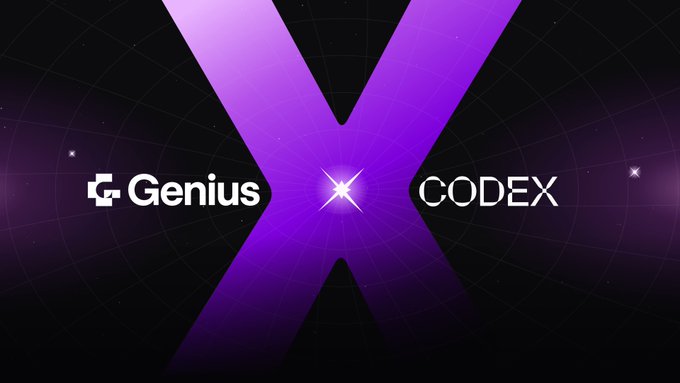The image features a large purple "X" graphic on a dark, cosmic-themed background with a starry grid, with "Genius" (accompanied by its logo) on the left and "CODEX" on the right, both flanking the center of the "X," representing the collaboration between Genius.fun and Codex as supported by Defined.fi on-chain.