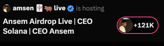 A livestream titled "Ansem Airdrop Live | CEO Solana | CEO Ansem" by user "amsen" shows a viewership of +121K highlighted in pink, with the host commenting on the massive audience despite a major sports event taking place at the same time.