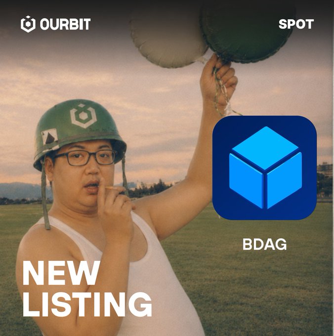 The image features a man wearing a helmet, holding two balloons that say "BDAG" on them. The background of the image shows a grassy field with mountains visible behind him. Below this scene, there's text that reads "New listing", which is likely related to the man and his balloons in some way.