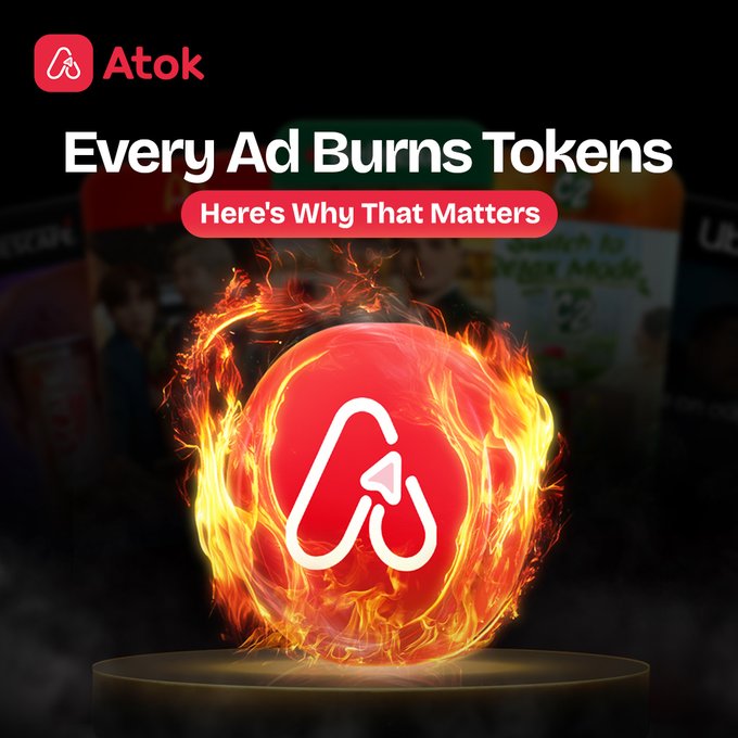 A promotional graphic for Atok featuring a flaming red logo encircled by fire on a dark background, with the headline "Every Ad Burns Tokens" and a subheading reading "Here's Why That Matters." The burning imagery visually reinforces the post's message that 30% of advertiser spend is permanently destroyed, reducing $ATOK's fixed 10 billion supply with every ad campaign run on the platform.
