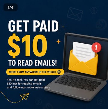 The image is an advertisement offering $10 to read emails, with text reading "GET PAID $10 TO READ EMAILS!" and "WORK FROM ANYWHERE IN THE WORLD," alongside a laptop displaying an envelope with a "1" notification badge. It appears to be a promotional graphic related to a "$10 update," likely advertising a new earning opportunity or offer that pays users $10 for completing simple email-related tasks.