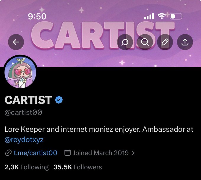 A Twitter/X profile for "CARTIST" (@cartist00), a verified "Lore Keeper and internet moniez enjoyer" and ambassador at @reydotxyz, showing 2,3K Following and 35,5K Followers, joined March 2019. The profile's branding and crypto/web3 ambassador status support the post's warning about fading the account, implying it has significant value and influence in the space comparable to early SOL holdings.