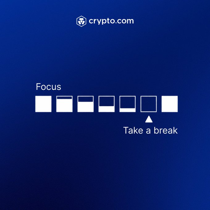 A Crypto.com branded graphic features a "Focus" progress bar with seven boxes showing decreasing fill levels, with an arrow pointing to the nearly empty sixth box labeled "Take a break"—reinforcing the post's reminder that stepping away from work supports clearer thinking and better execution.