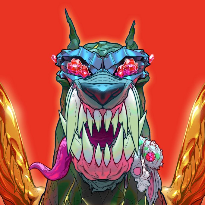 A fierce, dragon-like creature with bared fangs, glowing red gemstones over its eyes, and a pink tongue lolling out—rendered in bold, comic-book style against a fiery red background with golden flames on either side. The artwork appears to be a custom NFT or Ordinals piece, likely shared to advocate for OpenSea integrating Ordinals to spotlight the platform's potential for showcasing unique, blockchain-based digital art.