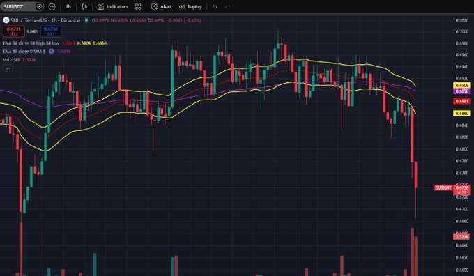 A cryptocurrency trading chart displays the SUI/USDT pair on Binance, showing a sharp downward price trend indicated by red and green candles with moving average lines.