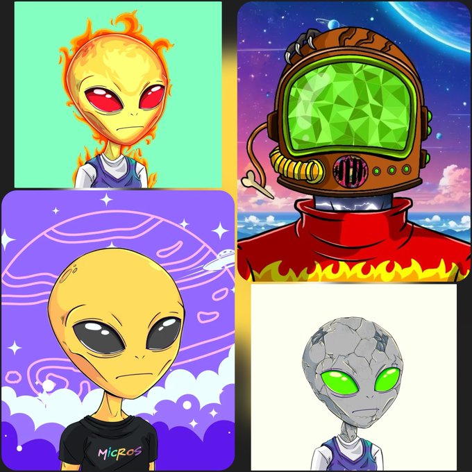 A collage of four digital alien NFT illustrations: an orange fiery alien, a yellow alien wearing a 'Migros' shirt against a purple cosmic background, a robot with a large green gem face in a space setting, and a grey stone-textured alien.