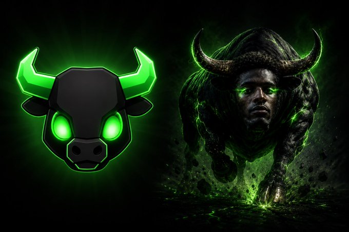 A glowing green bull mascot logo is displayed alongside a fierce, charging bull with a man's face and glowing green eyes charging through debris, symbolizing a powerful bullish market rally. The intense, aggressive imagery reinforces the post's message urging viewers to commit ("lock in") to the upward momentum before the stock rises further.