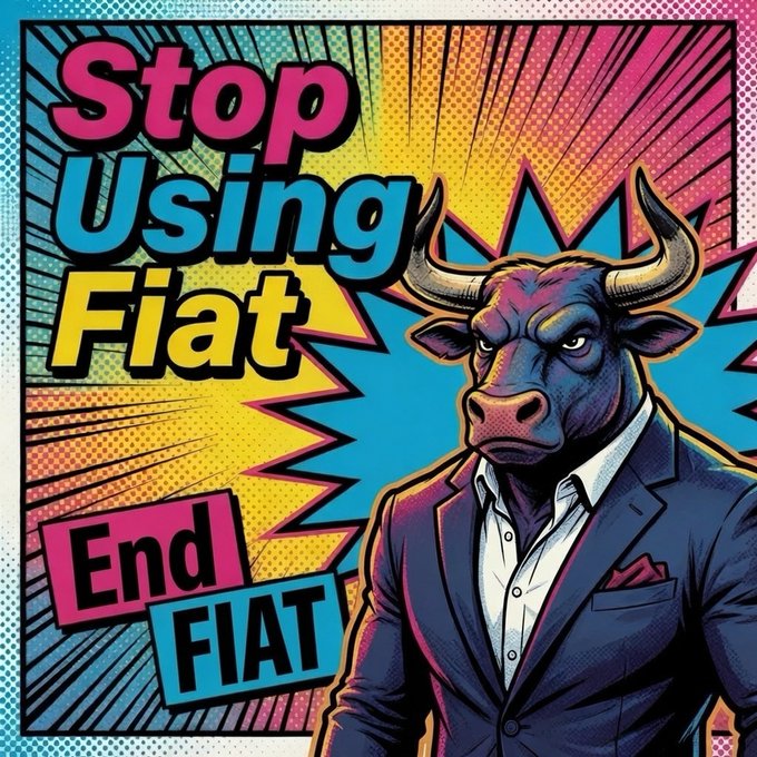 Pop art style image featuring a bull in a suit with text reading 'Stop Using Fiat' and 'End FIAT' against a colorful comic-style background.