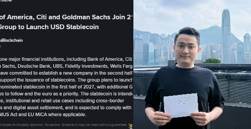 A video screenshot showing a man holding a paper with a chart, with text about Bank of America, Citi, and Goldman Sachs joining a group to launch a USD stablecoin.