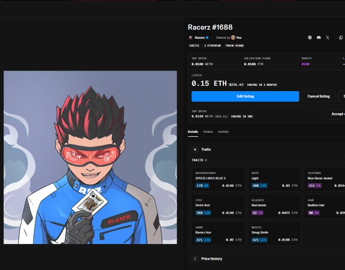 The image shows an NFT marketplace listing for "Racerz #1688" priced at 0.15 ETH (with a top offer of 0.0189 WETH), featuring a stylized character with red spiky hair, red sunglasses, and a blue racing suit holding a card. The post's playful "buy it sir" caption appears to be urging the owner to purchase this affordable NFT racer character.