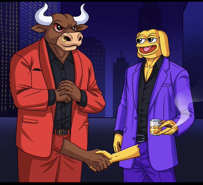 A cartoon illustration depicts a brown bull in a red suit and a yellow dog in a purple suit shaking hands on a rooftop at night, with the dog holding a glass of an amber beverage.