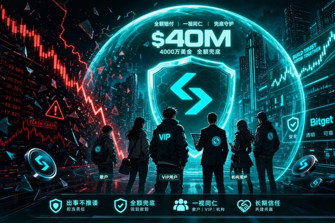 A promotional graphic for Bitget featuring a $40M shield fund, with text in Chinese and English including 'BUILD TRUST GROW TOGETHER,' '安全 透明 可靠,' and various statistics with red downward trend lines suggesting a market crash.