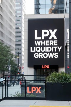 A building facade displays large black signs with white and red text reading 'LPX WHERE LIQUIDITY GROWS'.