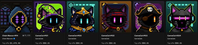 A row of pixel-art digital collectible profiles featuring various cats, labeled 'Chain Mancer #14', 'CannaCat #101', 'CannaCat #100', 'CannaCat #102', 'CannaCat #103', and 'CannaCat #204', with top offer prices listed.
