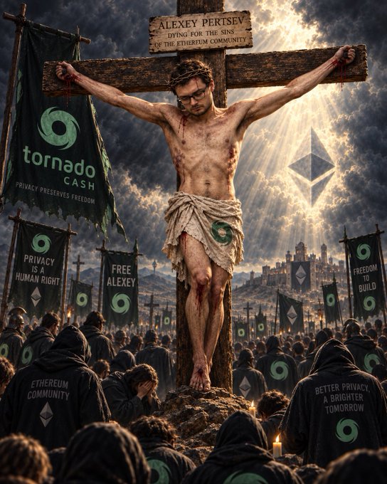 A digital illustration depicting Alexey Pertsev crucified on a cross with a sign reading 'ALEXEY PERTSEV DYING FOR THE SINS OF THE ETHEREUM COMMUNITY,' surrounded by a crowd wearing robes with Tornado Cash and Ethereum logos, and banners reading 'PRIVACY IS A HUMAN RIGHT,' 'FREE ALEXEY,' and 'FREEDOM TO BUILD'.