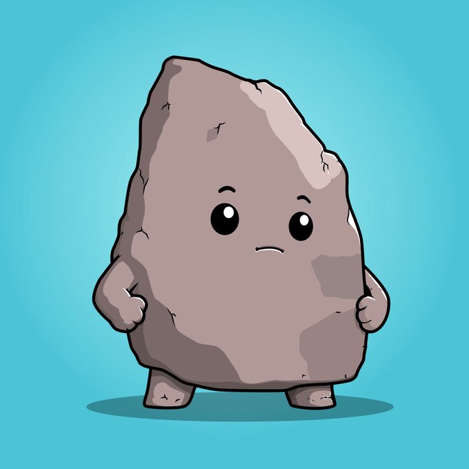 A cartoon illustration of a gray rock with a cute face and small limbs standing against a teal background.