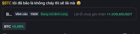 A Vietnamese trading interface showing a BTC long position with 150x leverage, a pending order, and an unrealized profit of +1,039.65 USDT, with BTC up 0.48%.