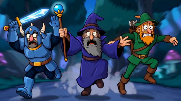 A wide-eyed wizard clutching a glowing staff flees alongside a sword-wielding knight and an archer, all sprinting in panic through a misty forest—capturing the adventurous RPG spirit the post promises for the 355-supply Genesis collection on Robinhood Chain.