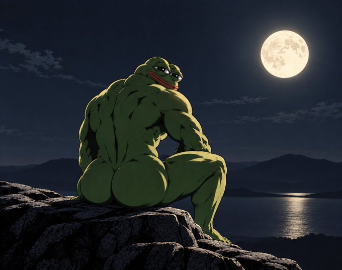 A muscular, anthropomorphic Pepe the Frog sits contemplatively on a rocky cliff, gazing out at a vast ocean under a large, luminous full moon against a dark night sky.

The image cleverly plays on the post's "wen moon?" by depicting Pepe in a reflective, moon-watching pose—blending the iconic "pepe-sad" or pensive meme aesthetic with the crypto community's slang for asking when prices will rise (literally "when moon?").
