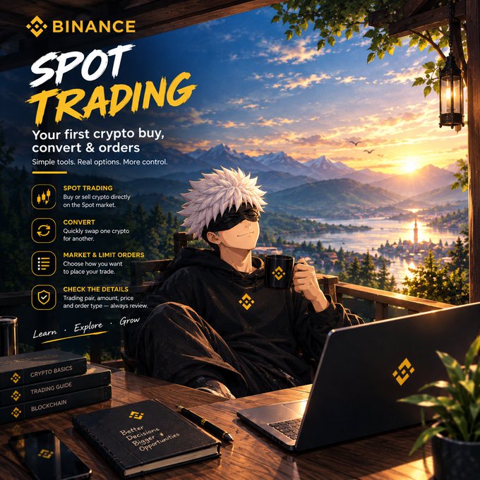 A Binance promotional image featuring an anime-style character with white hair drinking coffee while overlooking a sunset valley, advertising 'Spot Trading' with text including 'Your first crypto buy, convert & orders' and features like 'Market & Limit Orders'.