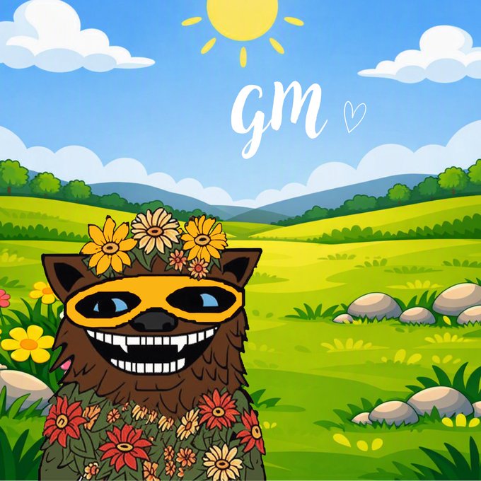 A colorful cartoon illustration of a smiling brown furry creature wearing yellow sunglasses and a crown of sunflowers in a green meadow, with 'GM ♡' written in the sky.