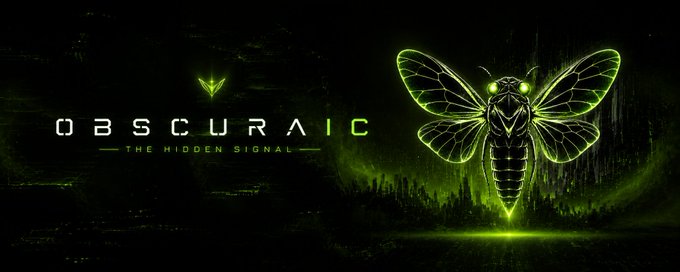The image is a promotional banner for "OBSCURAIC - THE HIDDEN SIGNAL," featuring a glowing green neon cicada with intricate wing patterns against a dark, tech-inspired background, symbolizing the "hidden signal" theme referenced in the registration event for obscuraic.space.

The banner visually reinforces the bot's call to action by using the mysterious cicada motif (often associated with hidden messages or signals in cryptography) to draw users into the registration and update process for securing a role within 24 hours of submission.