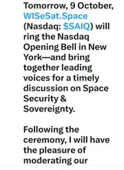 A text snippet announcing 'Tomorrow, 9 October, WISeSat.Space (Nasdaq: $SAI) will ring the Nasdaq Opening Bell in New York—and bring together leading voices for a timely discussion on Space Security & Sovereignty.'