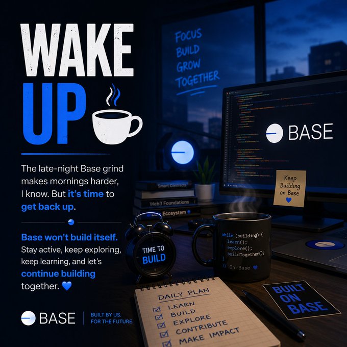 The image features a desk with various items such as a computer monitor, keyboard, mouse, mug of coffee or tea, and a notebook. The background shows a city skyline at night, creating an urban atmosphere. The main focus of the image is a poster that reads "Wake Up" in white text against a dark blue background. Below this, there are three bullet points providing information about the late-night grind and how to get back up after it.