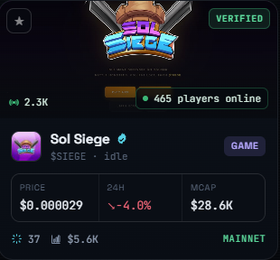 A screenshot of the Sol Siege ($SIEGE) token page on Mainnet, displaying 465 players online, a price of $0.000029 (down 4.0%), and a market cap of $28.6K, which aligns with the post highlighting the game's active player base of 465 users and its status as a P2E game.