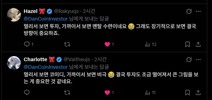 Screenshots of two Korean-language tweets from users 'Hazel' (@Rakyuqs) and 'Charlotte' (@VaitheuJs) replying to @DanCoinInvestor with commentary on U.S. and Bitcoin investments.